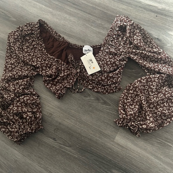 Floral Brown Puff Sleeve Top - Picture 5 of 5